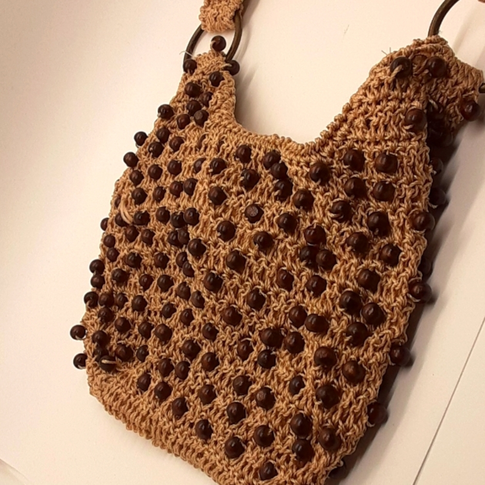 Tan beaded macrame handbag